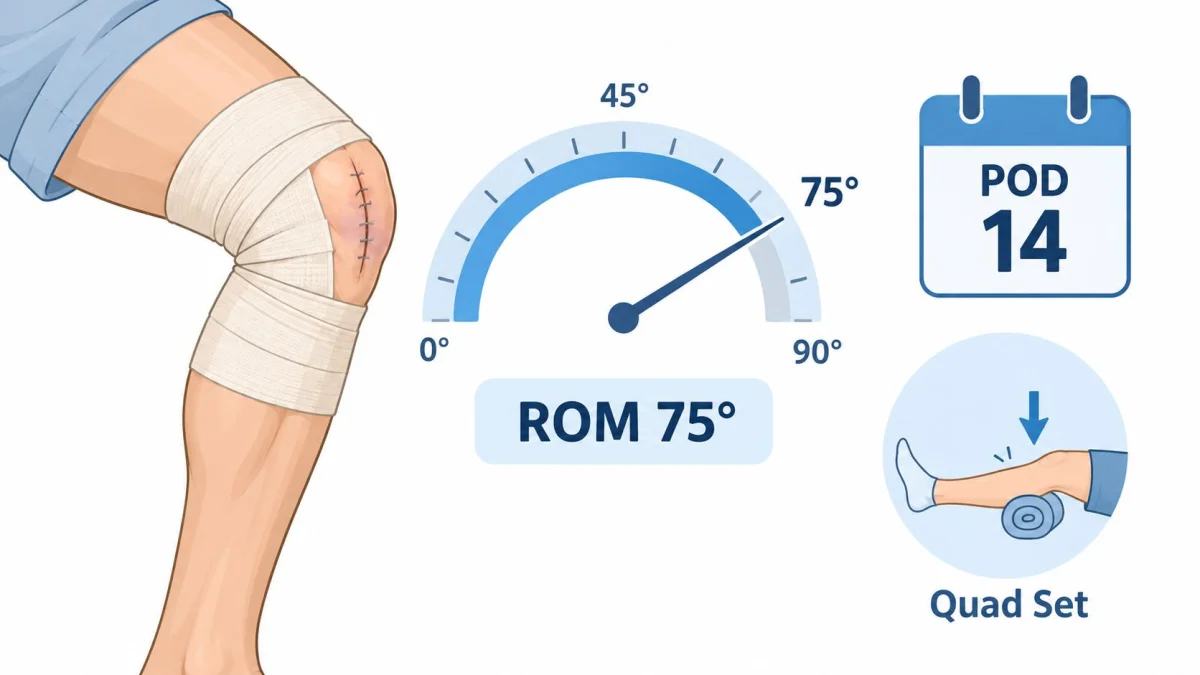 A diagram illustrating knee rehabilitation exercises, showing a surgical dressing, range of motion gauge, and quad set.