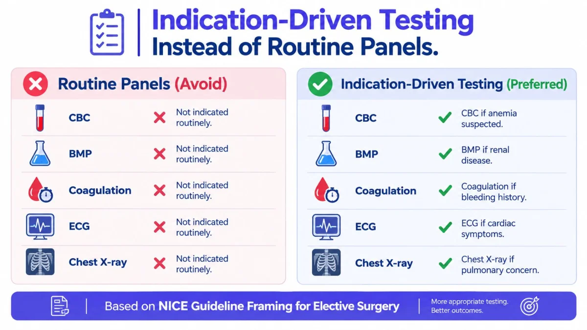 A comparison chart showing why medical testing should be indication-driven rather than performed as routine panels.