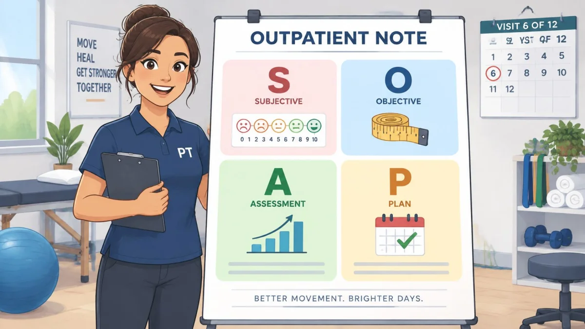 A physical therapist standing next to a whiteboard explaining the components of a SOAP note.
