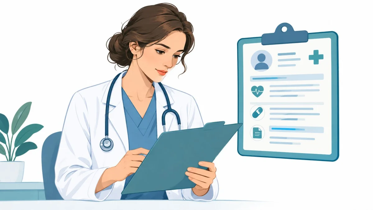 A professional female doctor with a stethoscope reviewing patient information on a digital tablet at her desk.