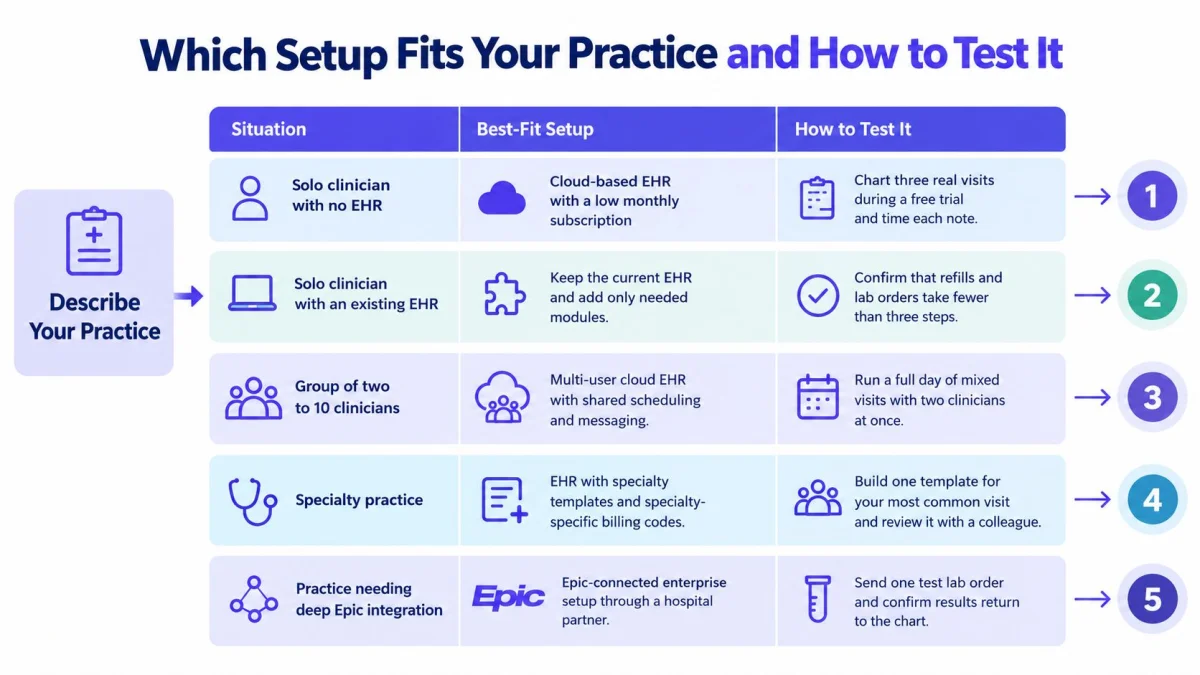 A chart guide helping medical practices choose the best EHR setup and test it for efficiency.