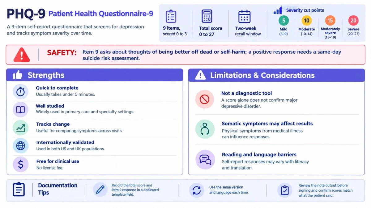 An infographic detailing the PHQ-9 patient health questionnaire for screening depression, including severity scores and clinical usage tips.
