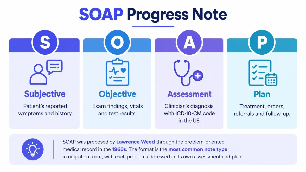 A diagram explaining the SOAP progress note format including Subjective, Objective, Assessment, and Plan components.