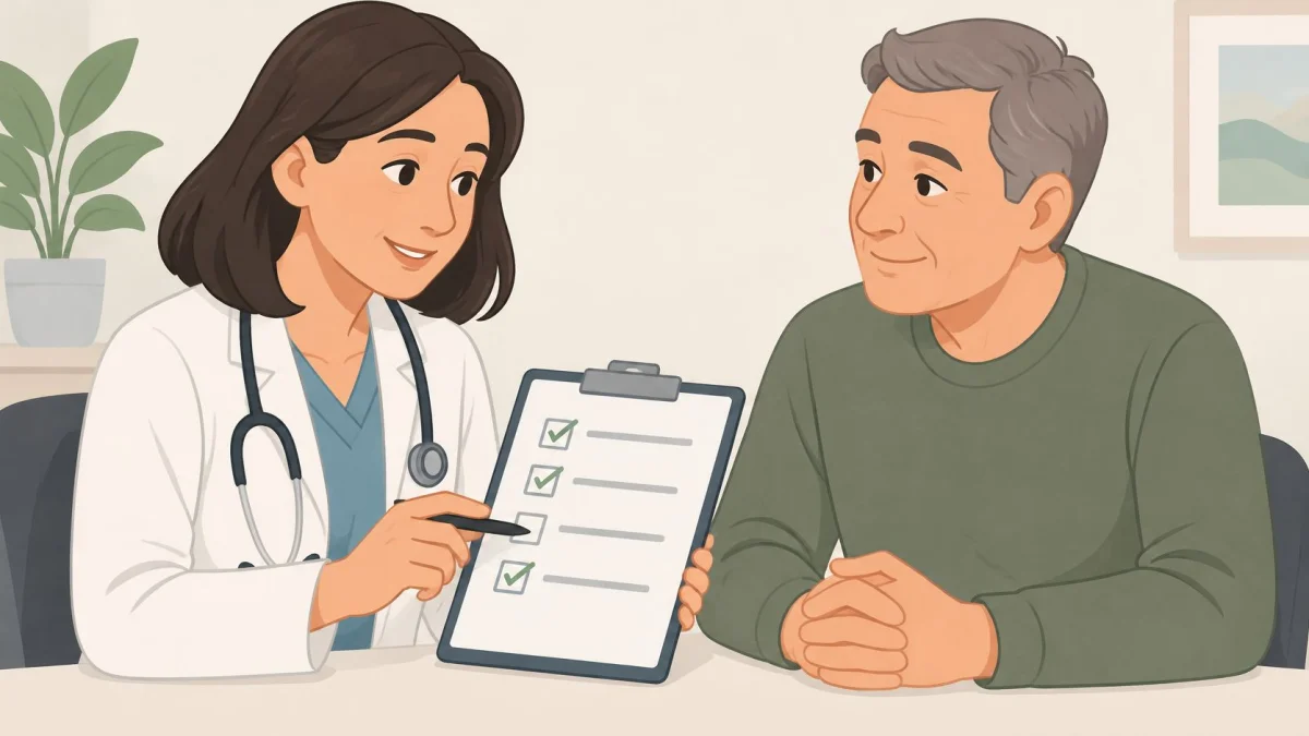 A friendly female doctor holding a clipboard with a checklist while consulting an older male patient.