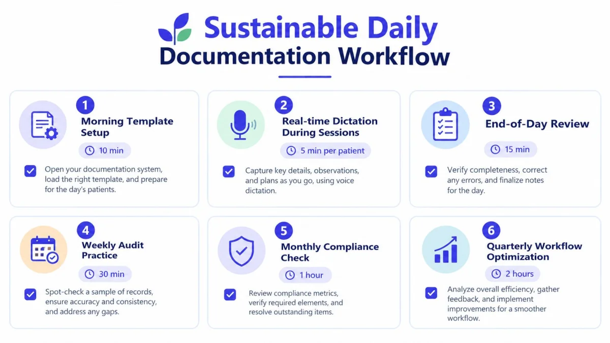 A six-step sustainable daily documentation workflow guide for medical professionals to improve efficiency and record accuracy.