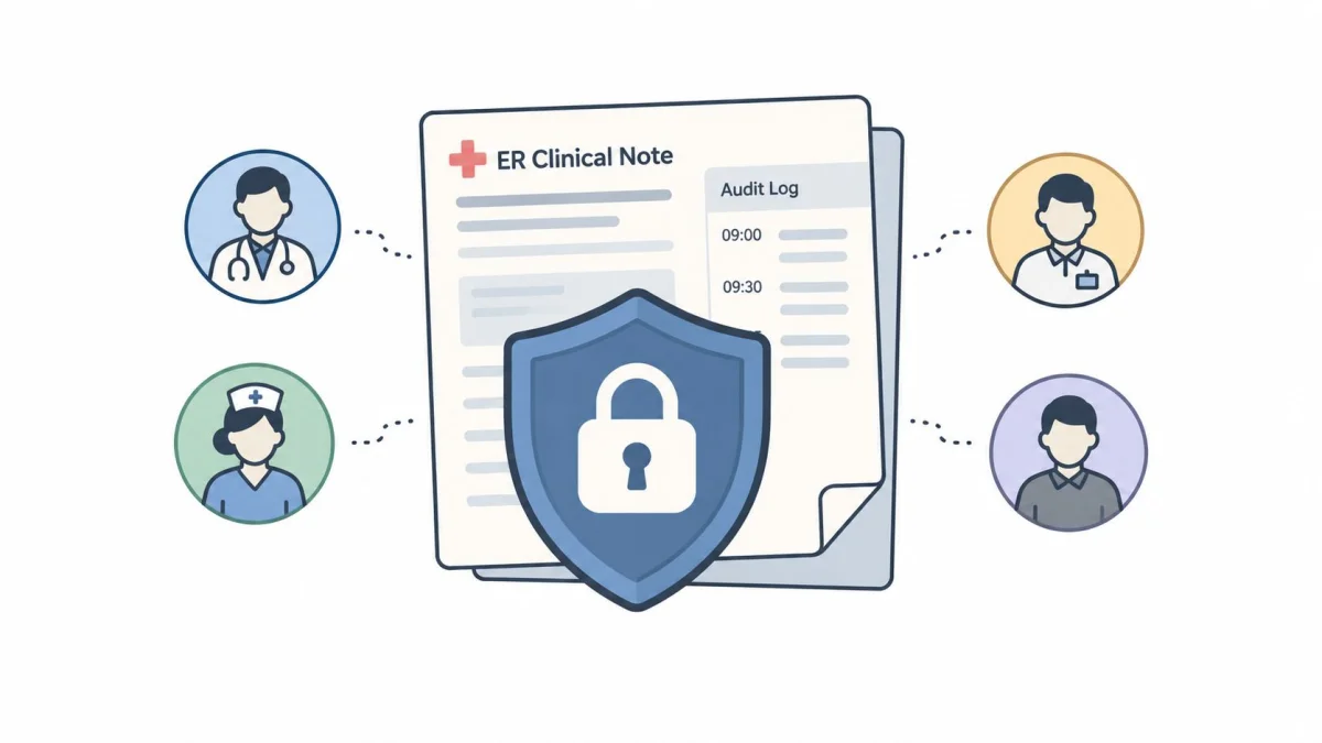 A digital illustration showing a secure clinical document with an audit log protected by a shield icon.