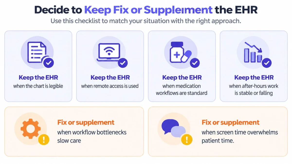 A checklist chart helping healthcare professionals decide whether to keep, fix, or supplement their EHR systems.