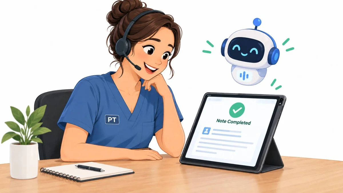 A smiling physical therapist using a tablet to complete a digital patient note with an AI assistant.