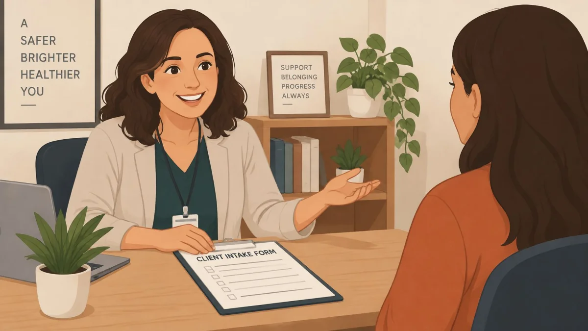 A smiling mental health professional sitting at a desk presenting a client intake form to a patient.