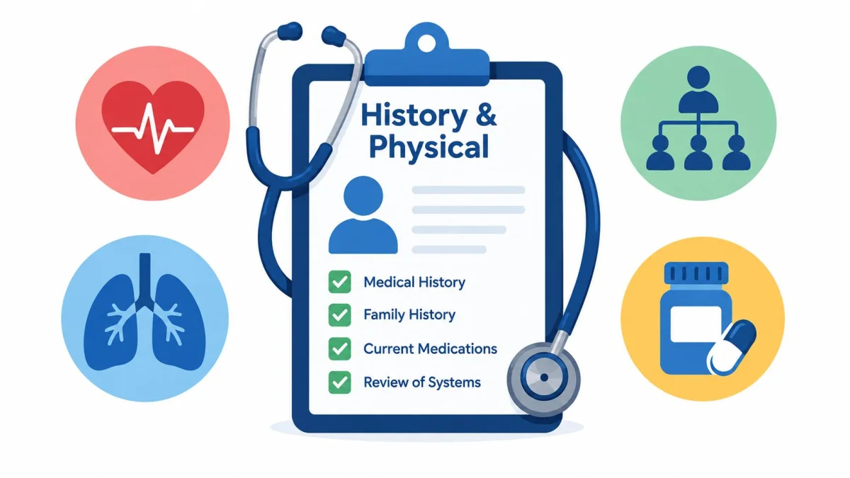 A digital illustration of a medical clipboard with a stethoscope and various health-related icons surrounding it.