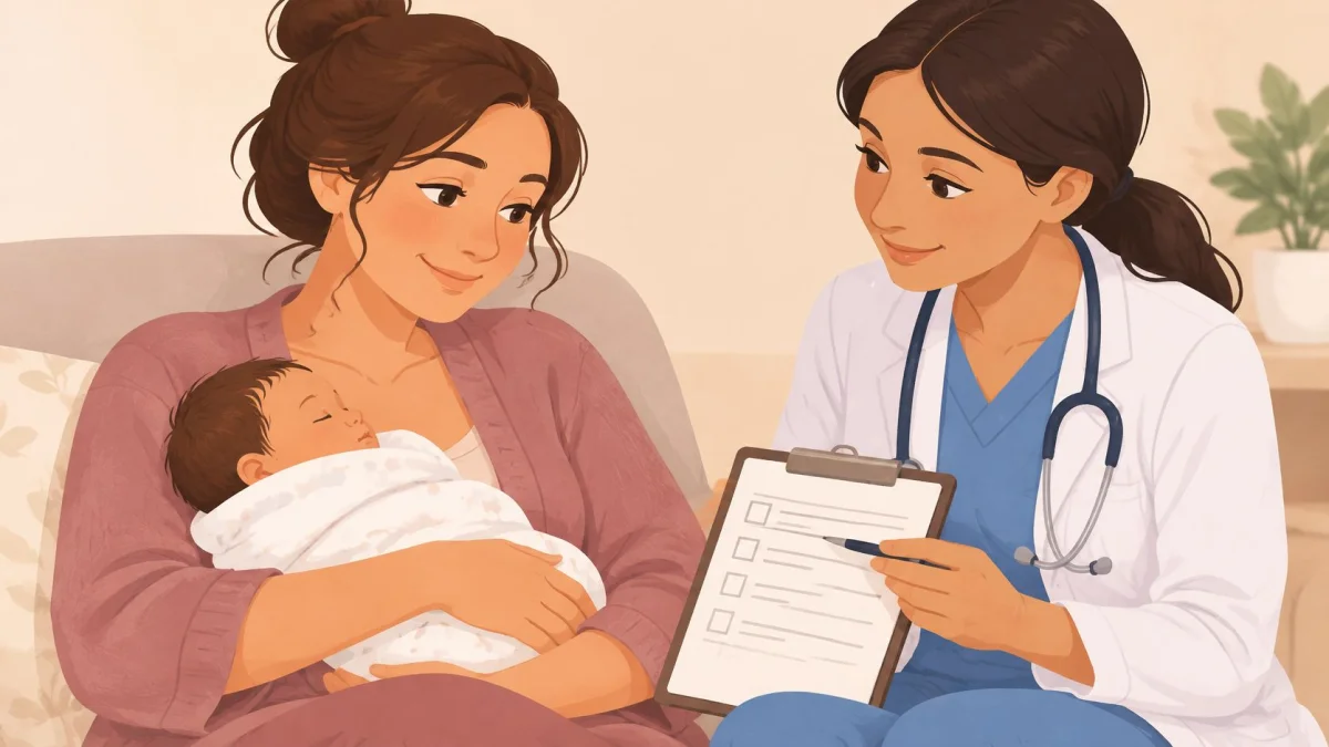 A kind doctor reviewing mental health assessment templates with a new mother holding her sleeping baby.