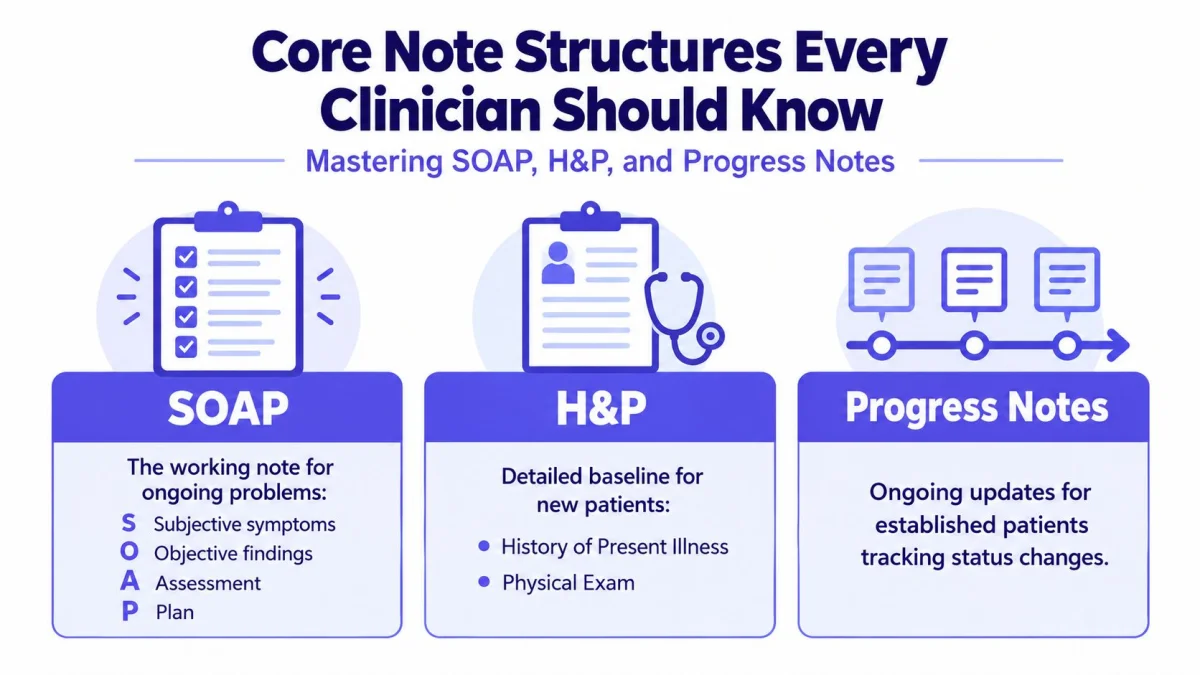 A visual guide explaining the SOAP, H&P, and Progress Notes structures used for clinical medical charting.