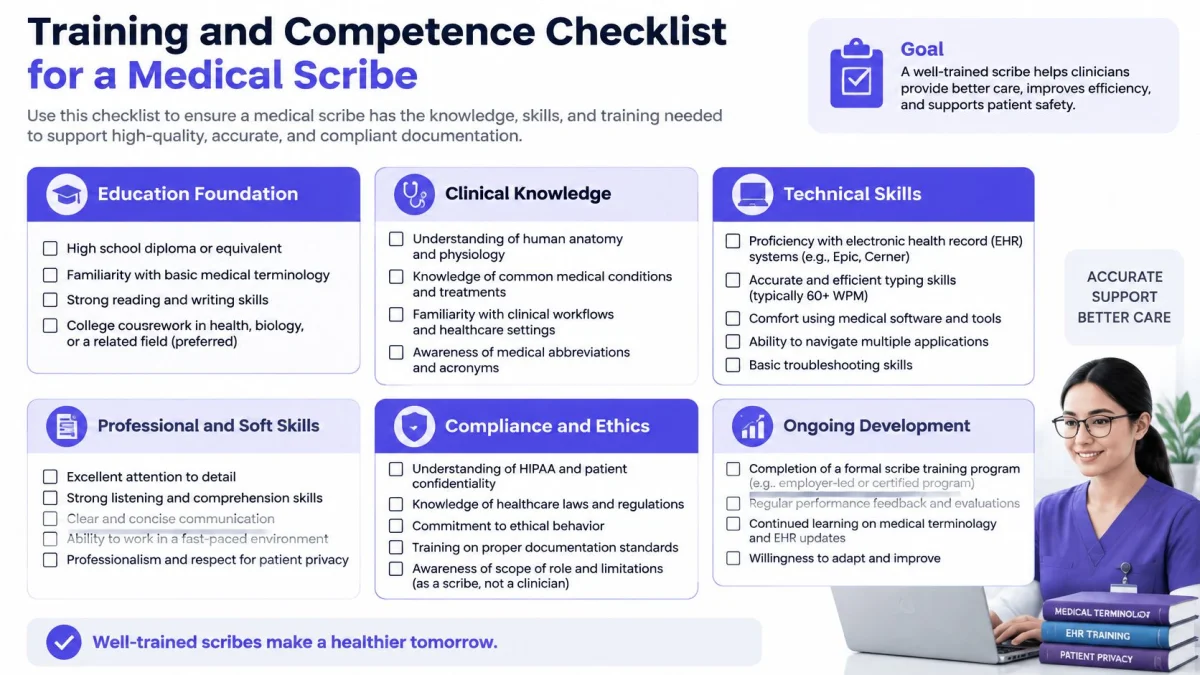 A comprehensive checklist for medical scribe training and competence covering education, clinical knowledge, technical skills, and ethics.