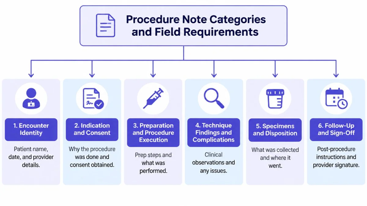 An infographic detailing the six essential categories and field requirements for completing a medical procedure note template.