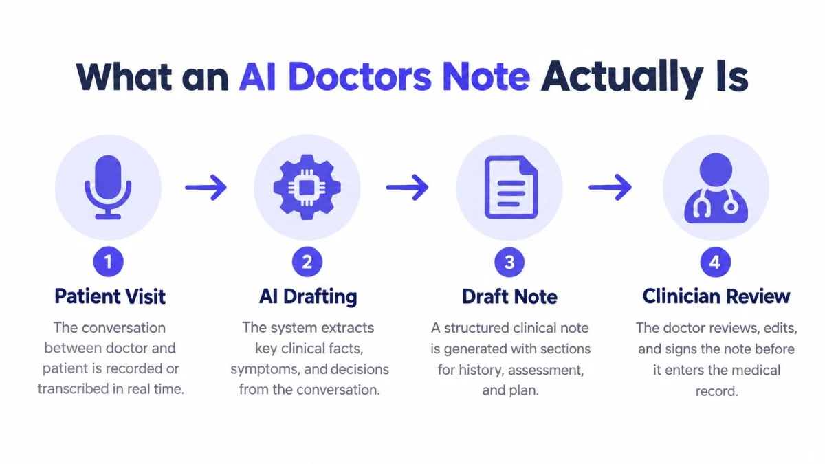 A four-step infographic illustrating how an AI-powered system generates clinical notes from doctor-patient conversations.