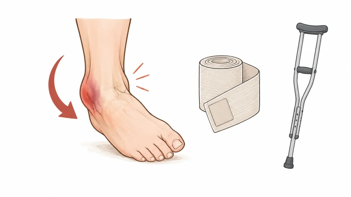 A medical illustration showing a swollen, bruised human ankle alongside a compression bandage and a single crutch.