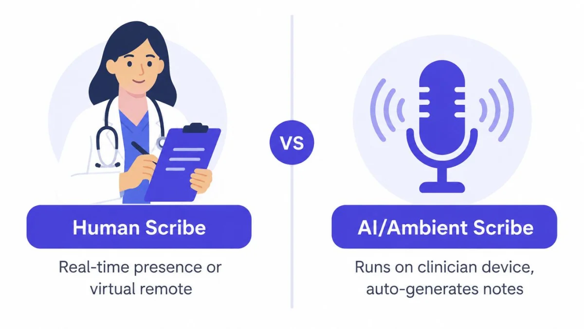 A comparison illustration between a traditional human medical scribe and an automated AI ambient scribe solution.