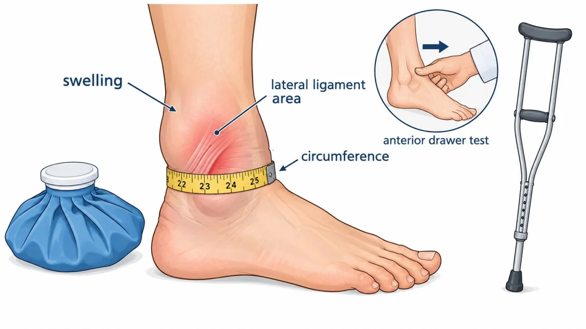 An illustration of an injured ankle with swelling, measuring tape, crutches, and an anterior drawer test demonstration.
