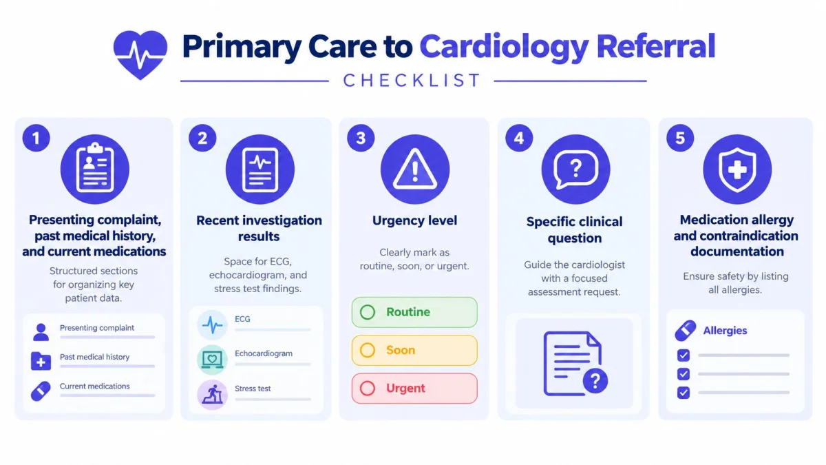 A five-step checklist illustrating the essential components for a primary care to cardiology specialist referral letter.