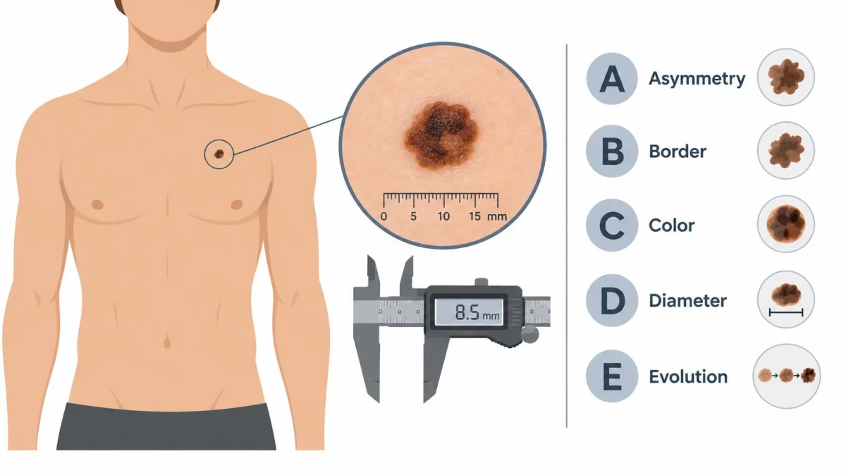 An educational illustration explaining the ABCDE rule for identifying potential signs of skin cancer and melanoma.