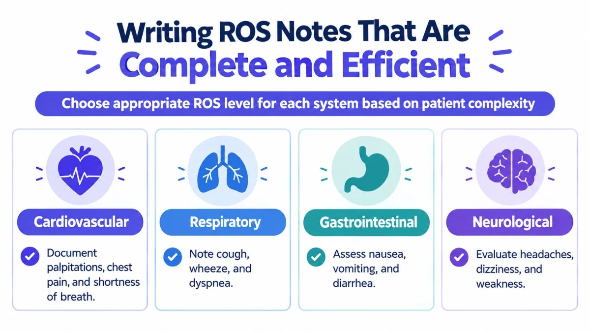 A guide infographic on writing complete and efficient ROS notes for cardiovascular, respiratory, gastrointestinal, and neurological systems.