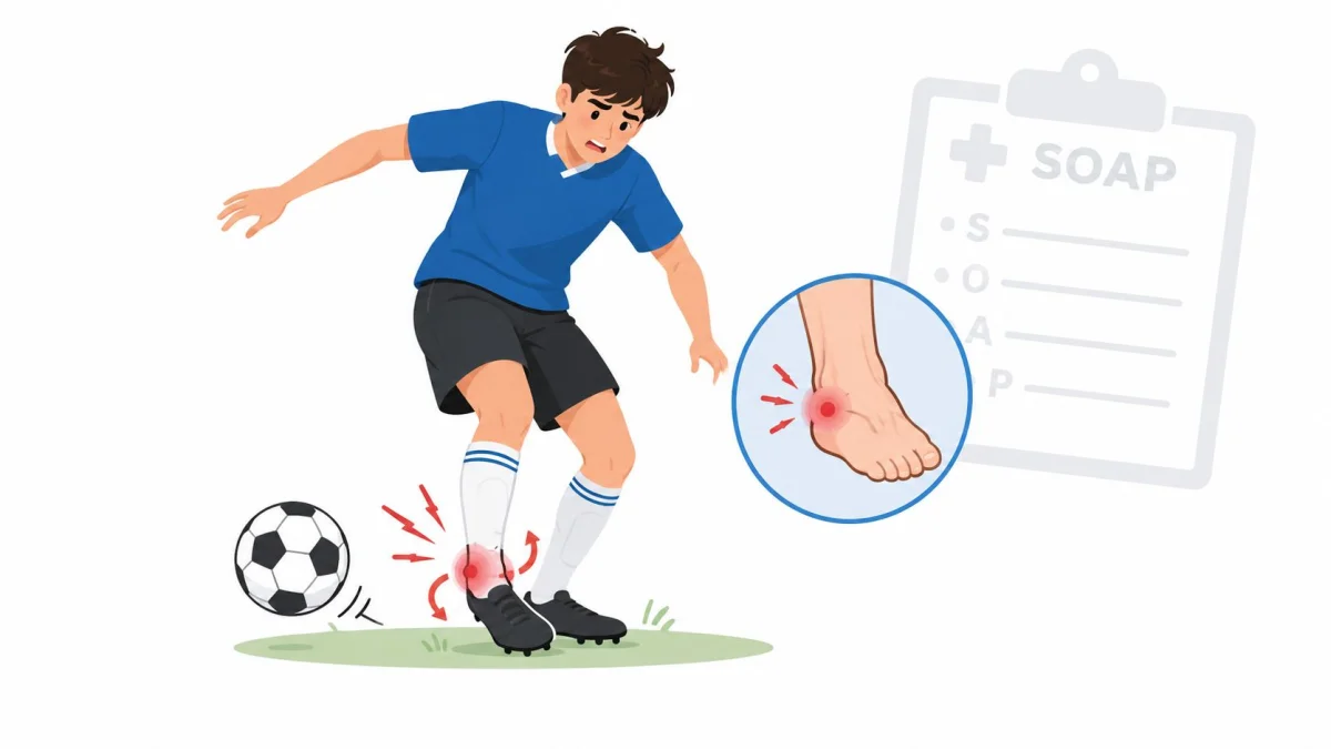 A soccer player injured his ankle during a match, displayed next to a medical SOAP note chart.