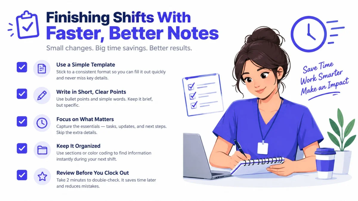 A professional infographic for nurses about writing efficient shift notes, featuring tips on organization and time management.