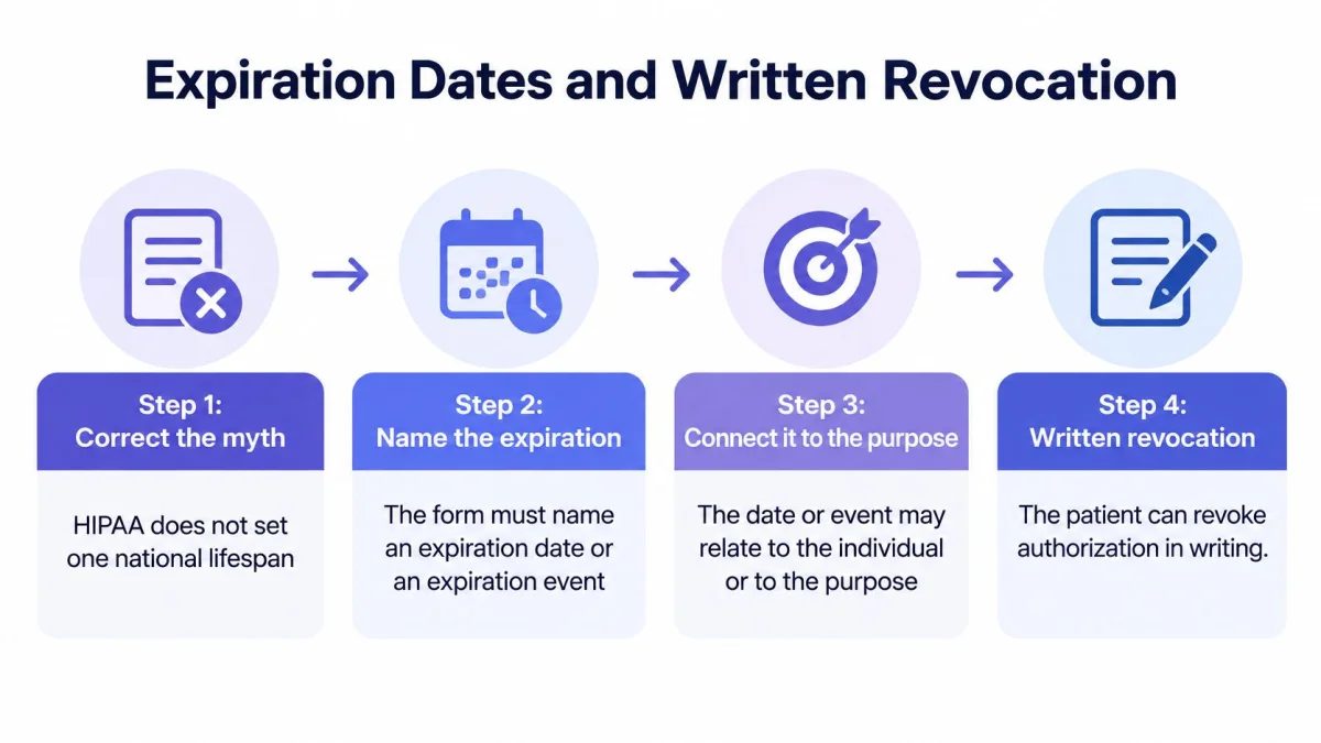 A four-step infographic explaining HIPAA authorization expiration dates and the process for written revocation by patients.