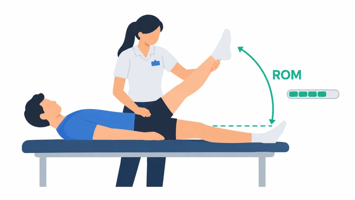 A physical therapist performs a leg range of motion assessment on a patient lying on a table.