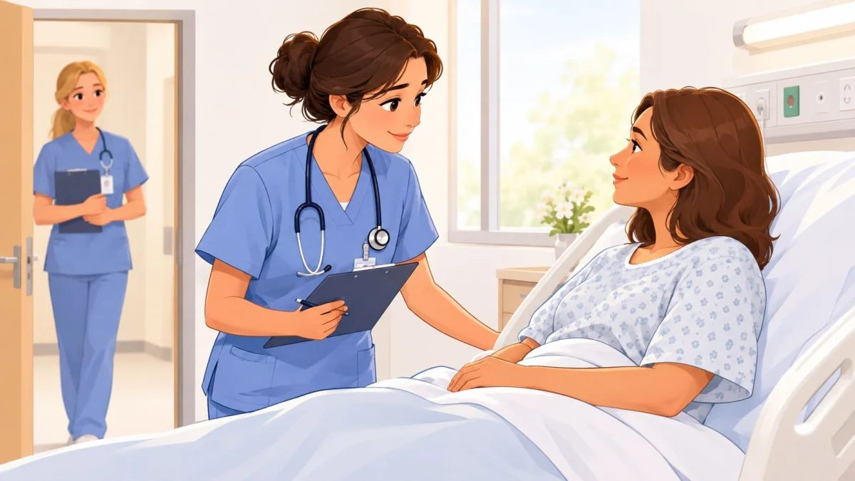 A friendly nurse checks on a female patient sitting comfortably in her hospital bed while another nurse stands.
