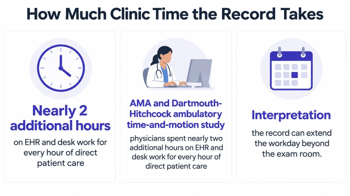 An infographic illustrating that physicians spend nearly two additional hours on electronic health record work for every hour of patient care.