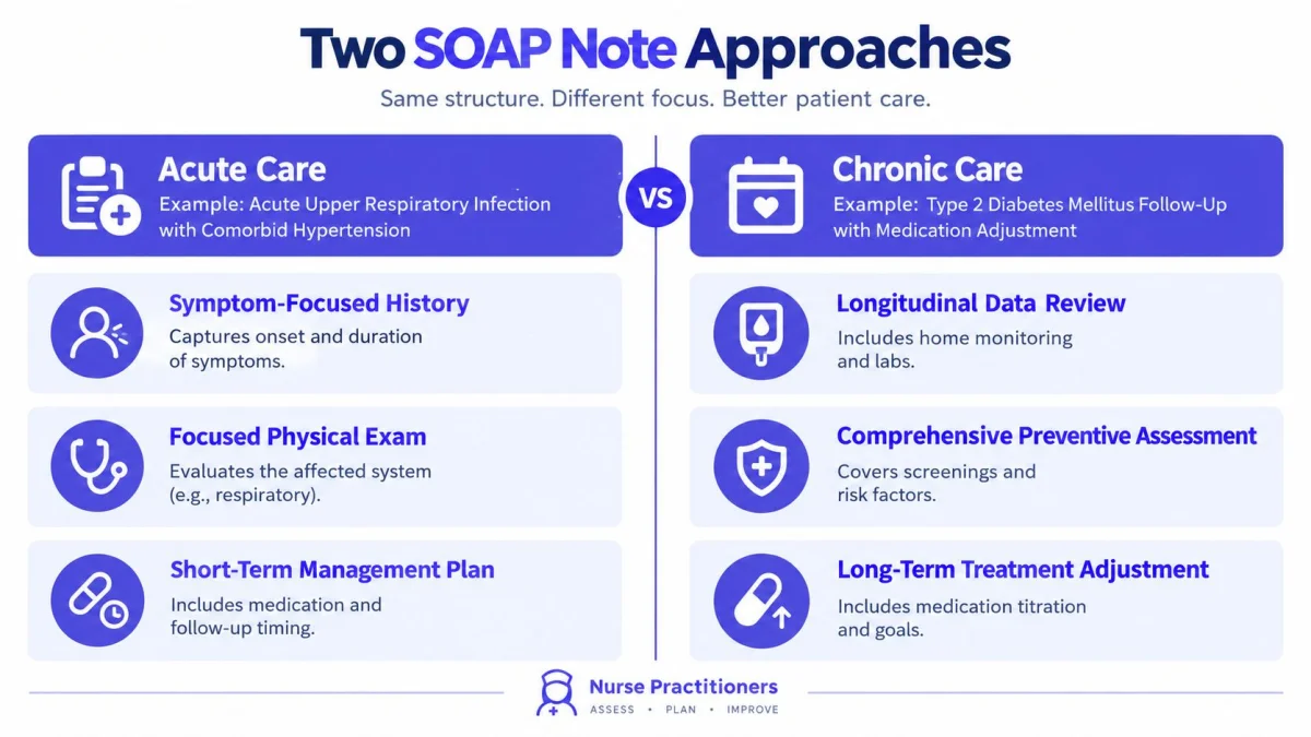 A comparison infographic showing the different approaches to writing SOAP notes for acute and chronic care patients.