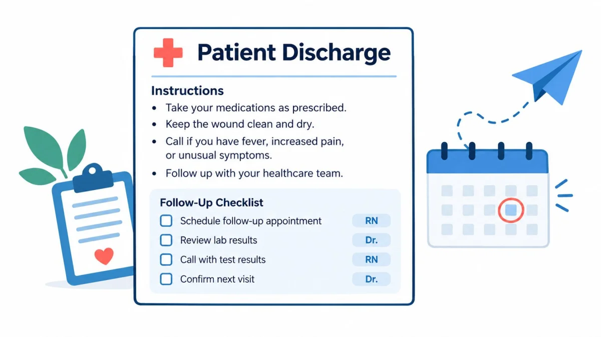 A digital graphic for patient discharge instructions, a follow-up checklist, and a calendar icon on display.