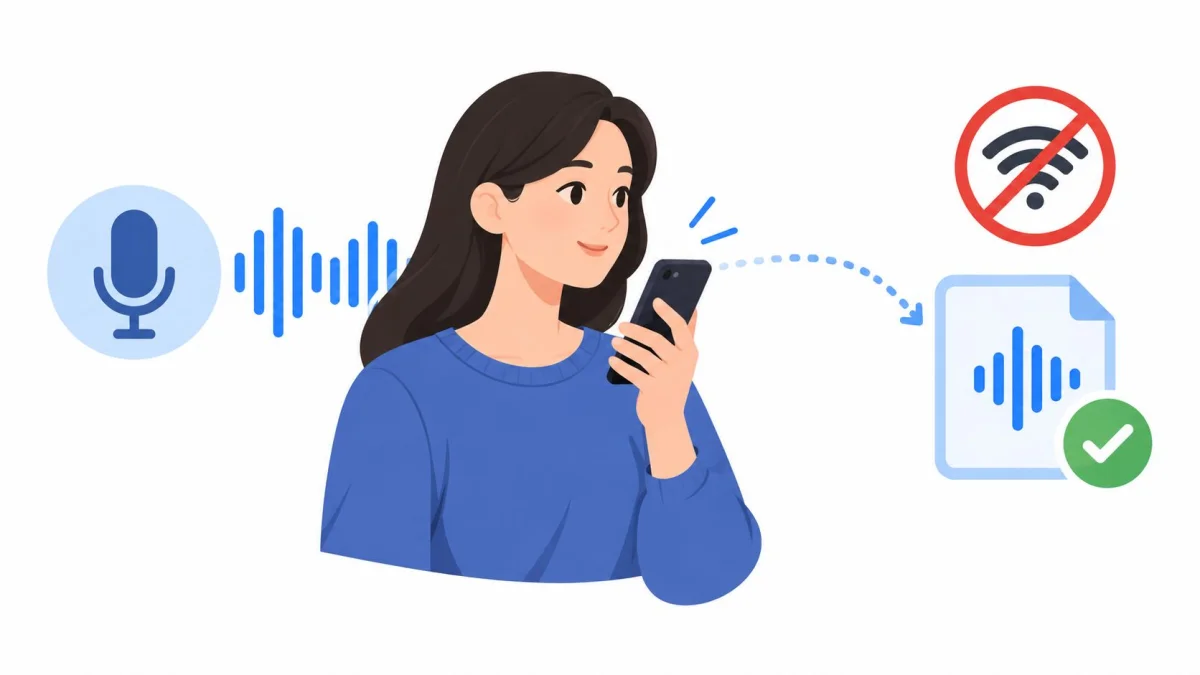 A woman using a smartphone to record voice notes offline, shown with icons for audio and no connection.