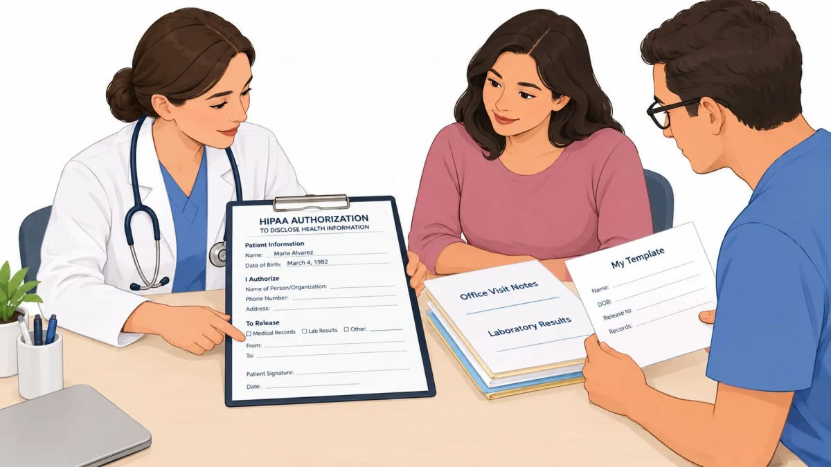 A doctor pointing to a HIPAA authorization form for a patient and her partner at a desk.