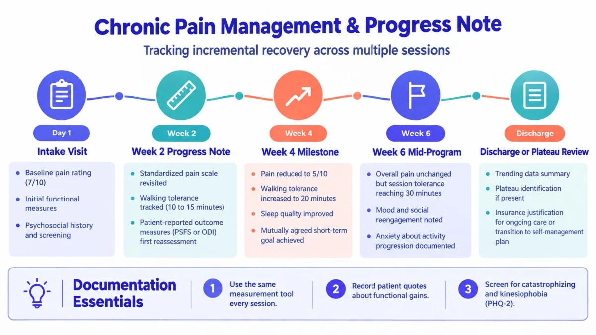A timeline graphic showing chronic pain management and progress note steps from intake to discharge.
