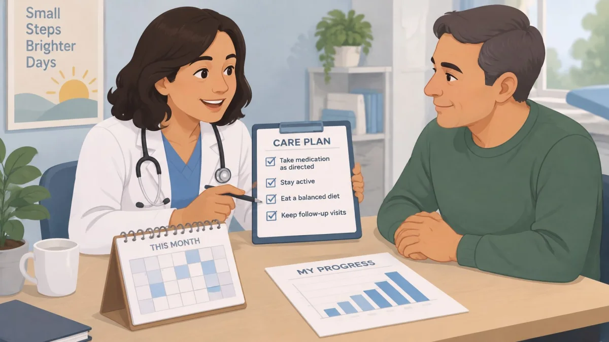 A female doctor reviewing a patient's care plan and progress chart during a consultation in her office.