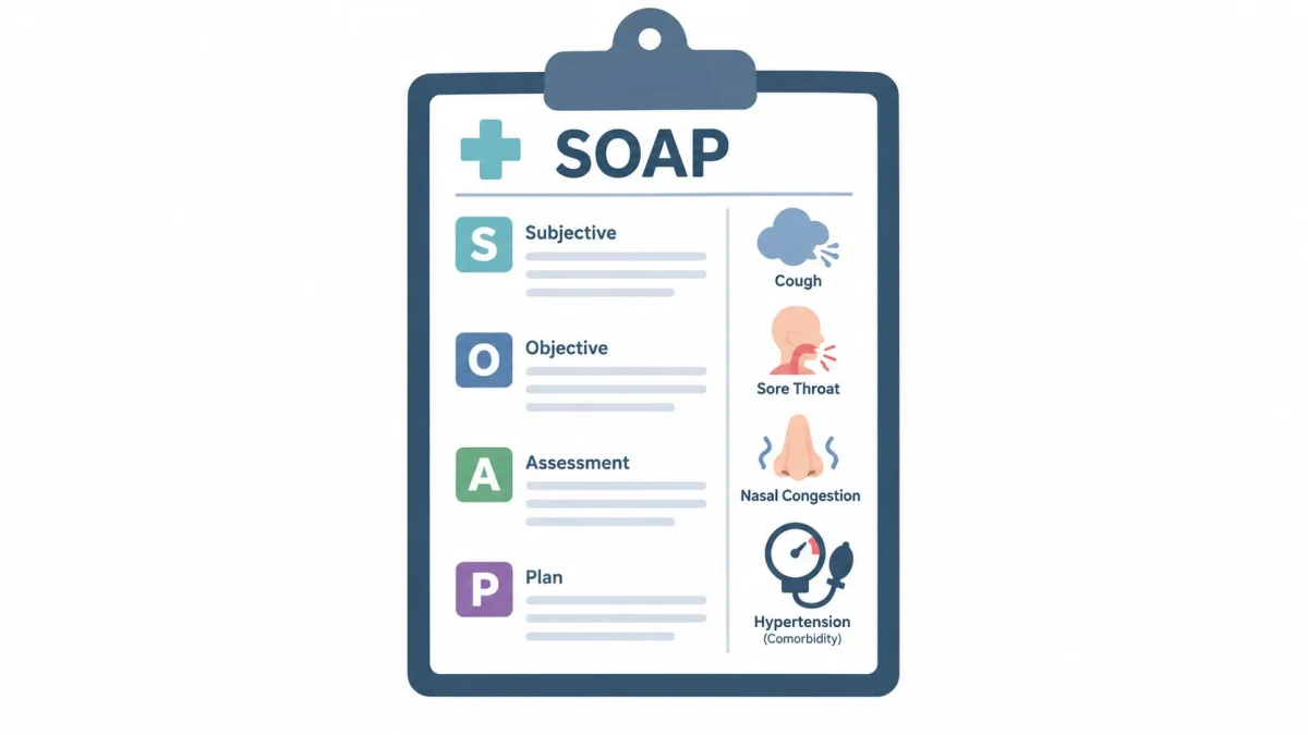 A visual representation of a SOAP note clipboard used by healthcare professionals to document patient symptoms.