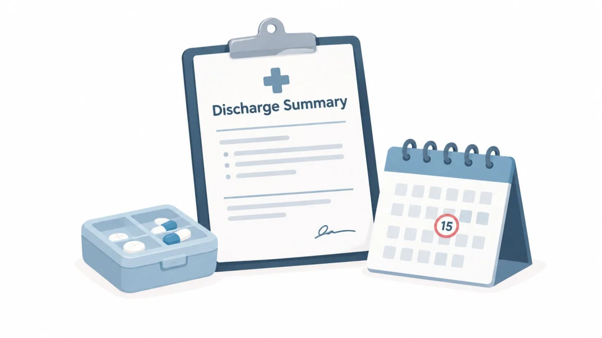 A clipboard with a discharge summary, a pill organizer, and a calendar marked on the fifteenth day.