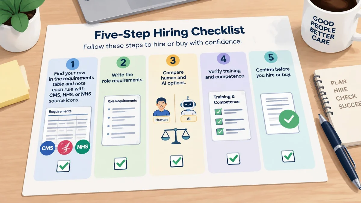 A five-step hiring checklist infographic on a desk, outlining steps for hiring or buying with confidence.
