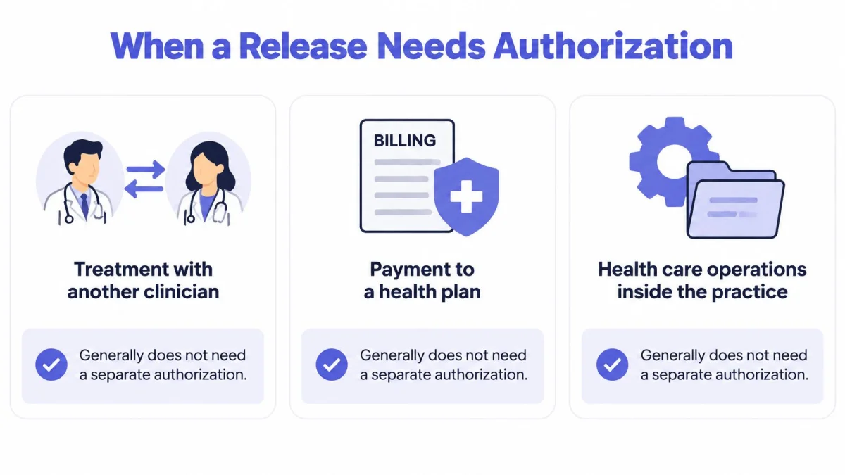 An infographic explaining situations where HIPAA authorization is generally not required for sharing health information.
