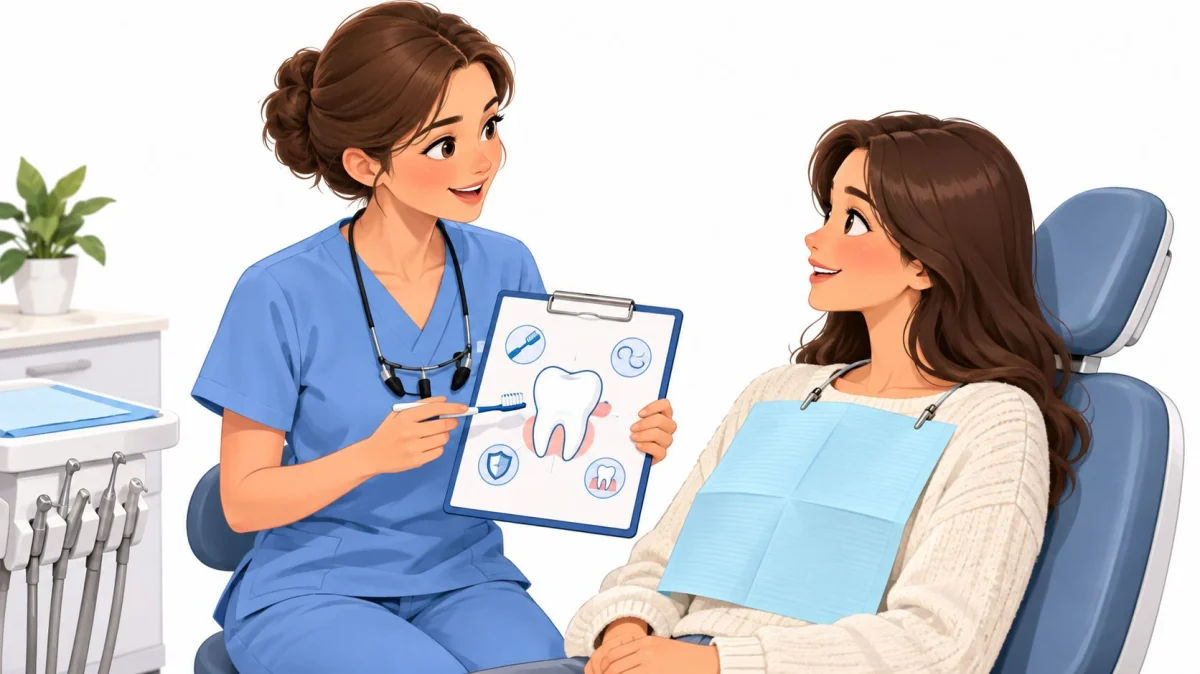 A friendly dental hygienist explains proper tooth care to a patient during an appointment in a dental clinic.