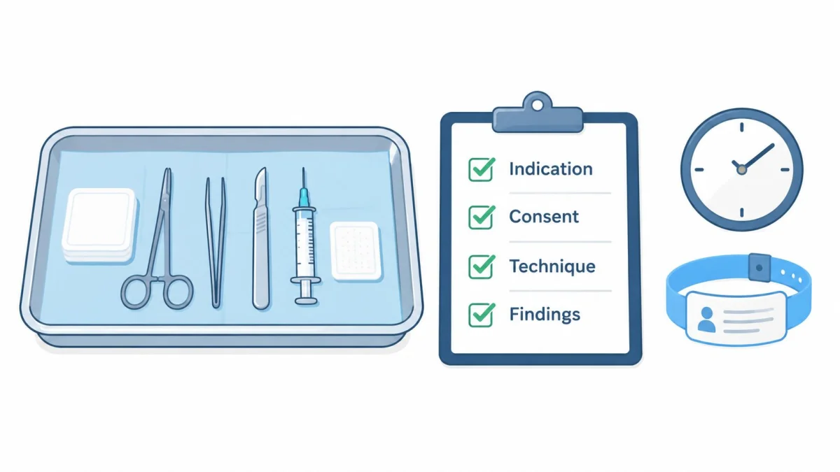 Medical surgical tray with instruments, a checklist for patient procedures, a clock, and a patient ID band.