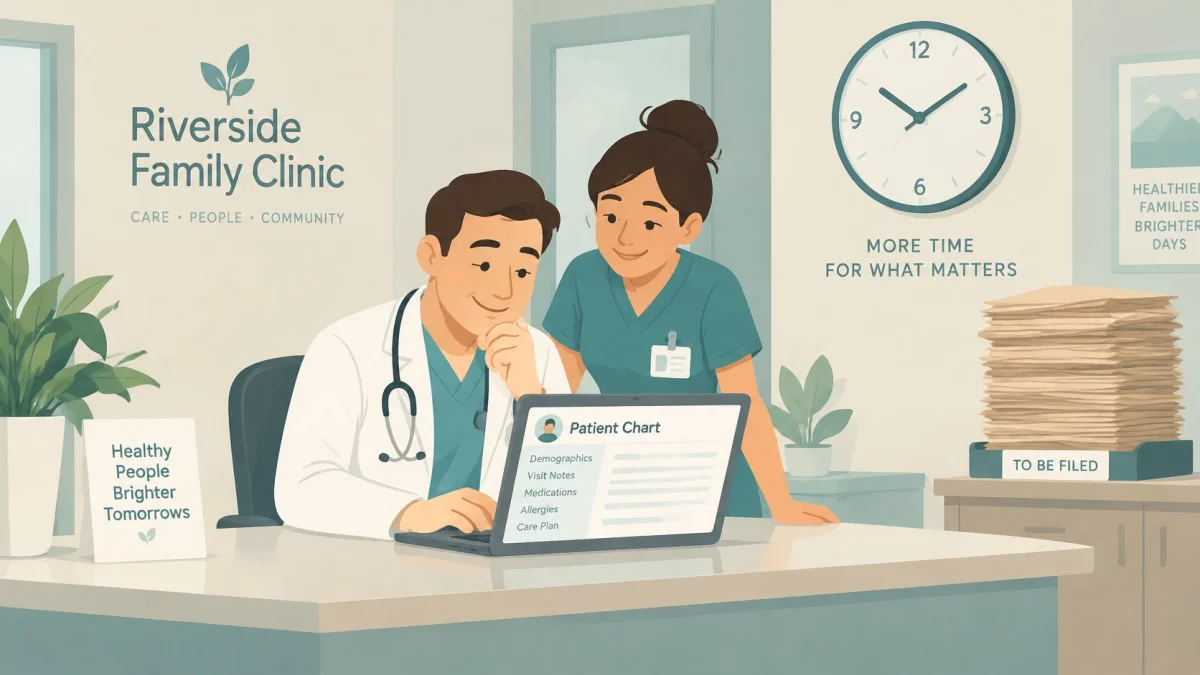 A doctor and a nurse working together on an electronic patient chart in a modern family clinic.