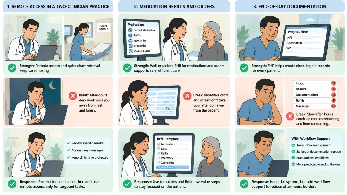 An infographic showing the strengths and challenges of EHR workflows in a busy medical clinical practice.